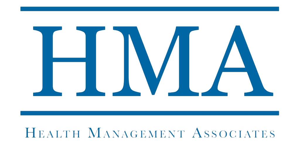 A blue and black logo for the health management association.